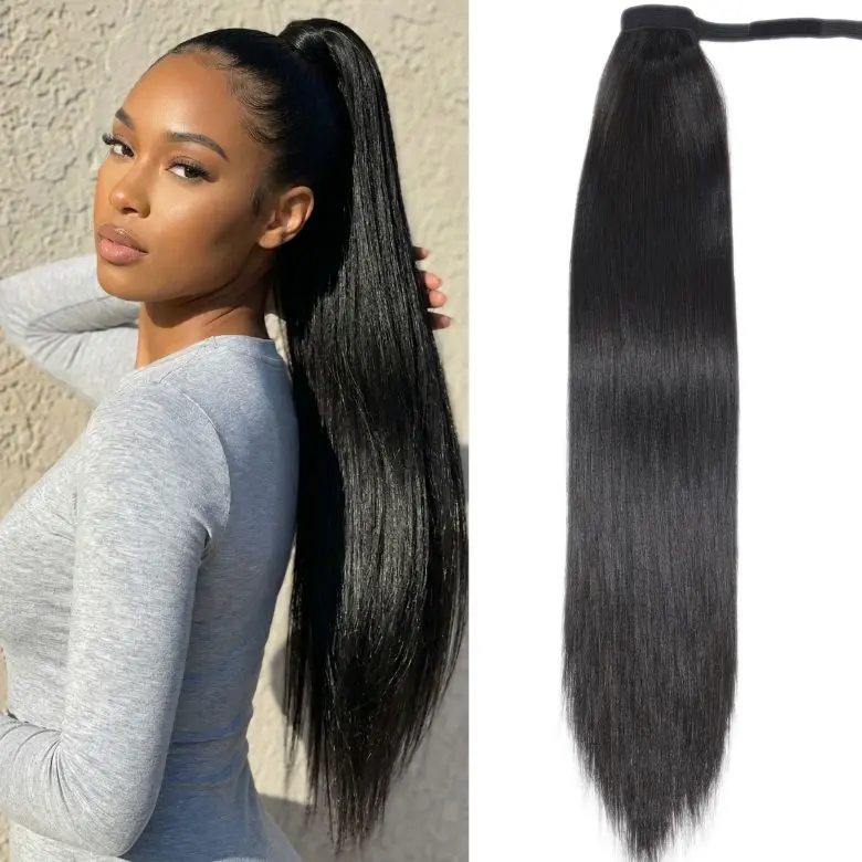 【LIVE SALE】Nadula Hair Wrap around yaki straight ponytail Human Hair Extensions Natural Black Color Instant Sleek Ponytail