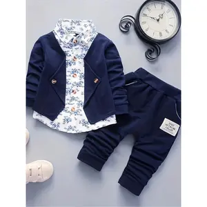 Boys' Spring/Autumn Outfit with Printed Fake Two-Piece Blue and White Porcelain Vest Set - Children's Two-Piece Set for Baby Boys
