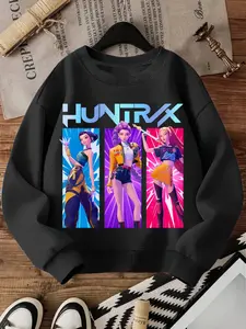 Girls' K-Pop Cartoon Print Hoodie, 7-14 Years Round Neck Casual Fitted Top, Breathable Outdoor Wear for Spring & Fall, Graphic Casual Hoodie