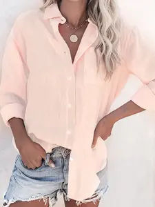 Women's New Long Sleeve Button-Down Casual Shirt, Loose-Fitting Solid Color Blouse, All Seasons Fashion, Comfortable Daily Wear