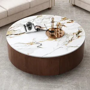 Rustic Round Coffee Table with 2 Drawers and Sintered Stone Top, Modern Living Room Center Table