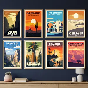 National Park Posters Vintage Travel Posters - National Park Wall Art Mountain Wall Art Prints for Home Living Room Office Retro Decor Featuring Zion Saguar Hot Springs White Sands Pinnacles Biscayne Grand Canyon