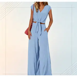Women's Summer 2 Piece Outfits Cap Sleeve V Neck Belted Crop Tops Wide Leg Pant Sets Casual Tracksuit 100% Polyester Chiffon Texture - Womenswear