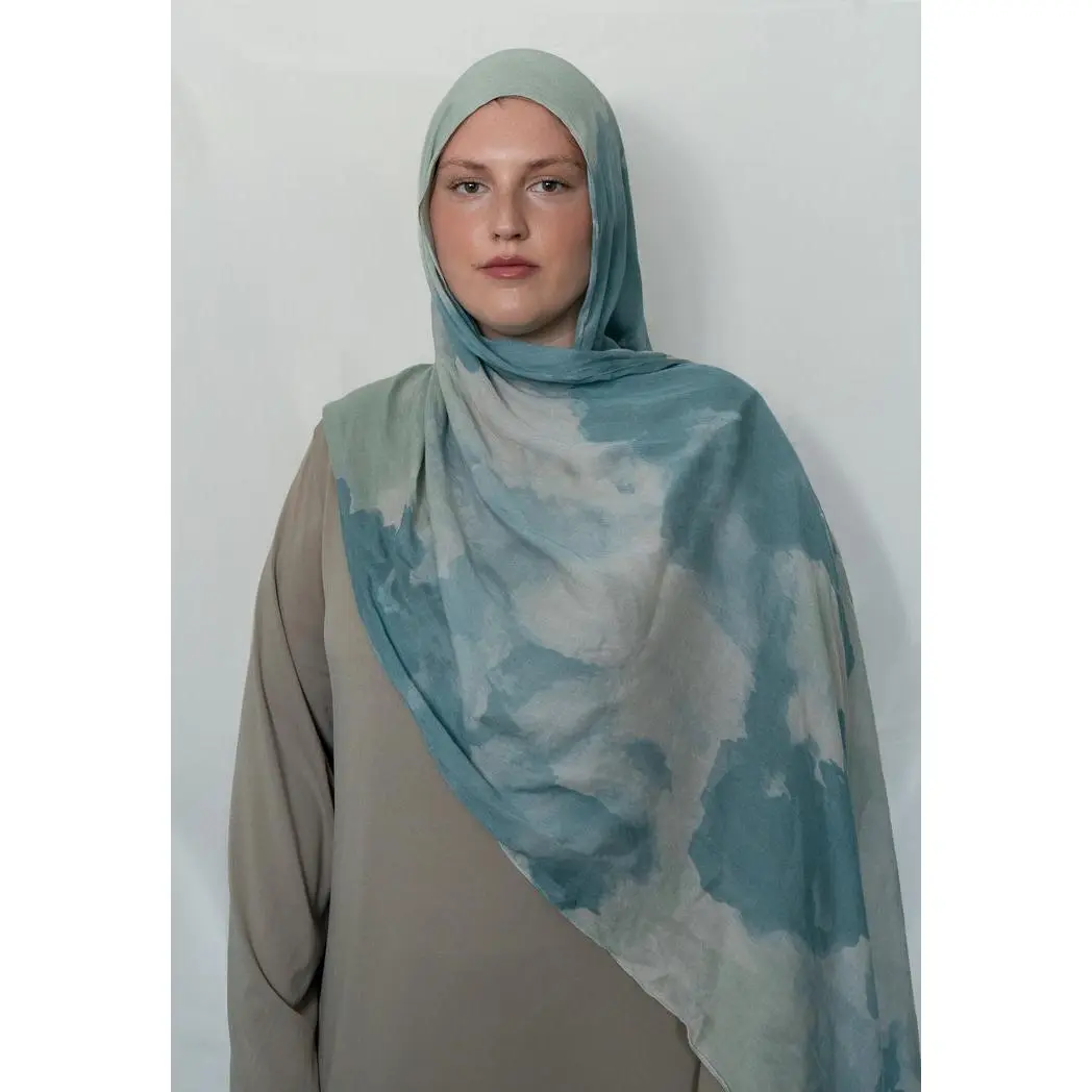Teal Watercolor Modal Hijab, Muslim Fashion Minimalist Hijab Pashmina Scarf, Casual All-Seasons Modest Pashmina Scarf