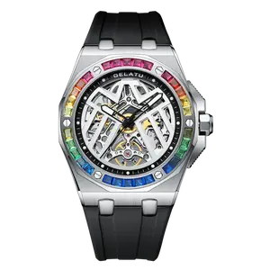 Octagonal Rainbow Diamond Bezel Skeleton Automatic Watch, Full Hollow Gear Dial Black Rubber Strap, Bling Futuristic Racing Men’s Mechanical Wristwatch