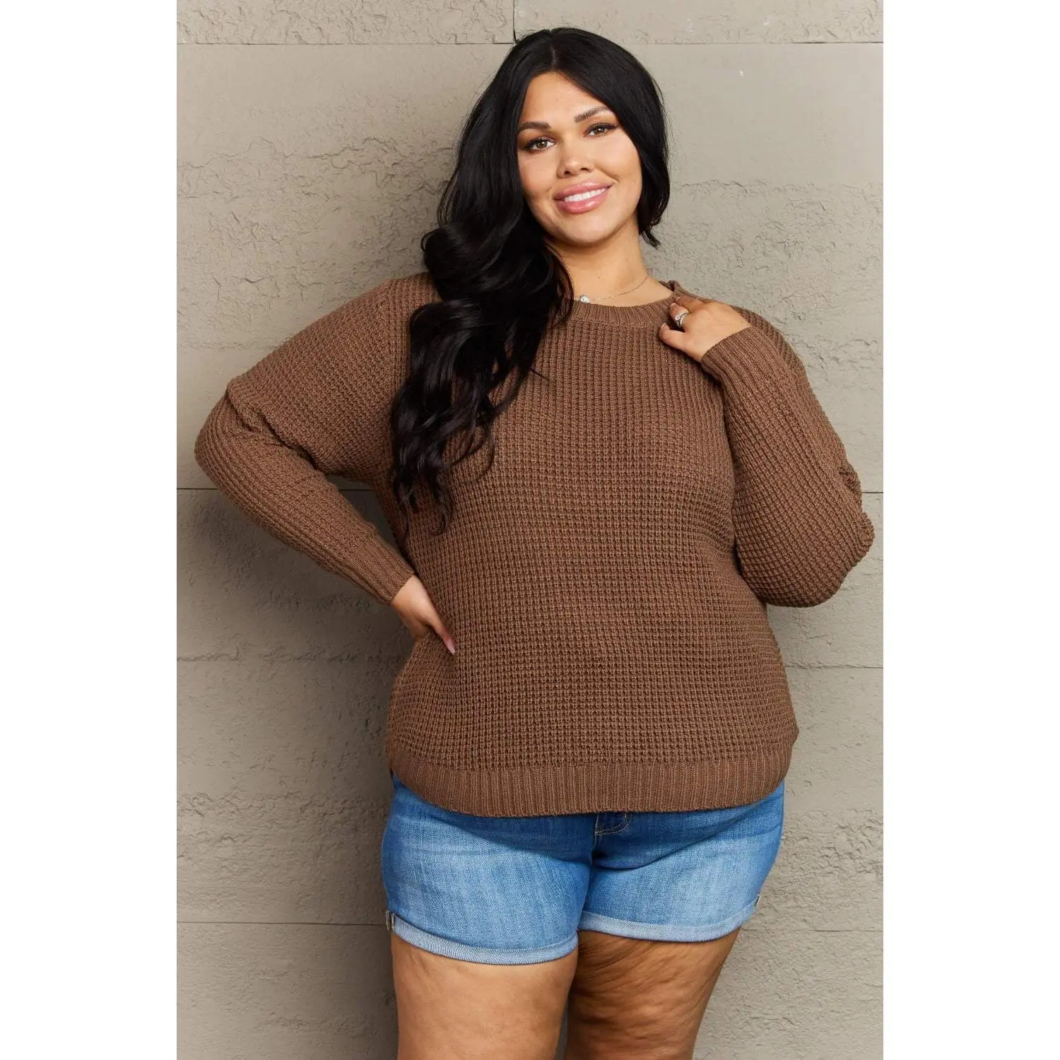 Zenana Breezy Days Plus Size High Low Waffle Knit Sweater