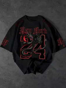Men's Summer Streetwear Dragon Print T-Shirt, Breathable Loose Fit, Round Neck, Casual Daily Wear, Music Festival, Skateboarding