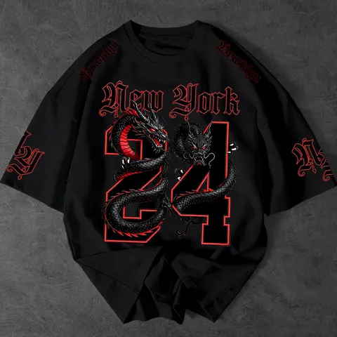 Men's Summer Streetwear Dragon Print Classic Long T-Shirt, Fabric Breathable Loose Fit, Round Neck, Casual Daily Wear, Music Festival, Skateboarding, Casual Streetwear Clothes