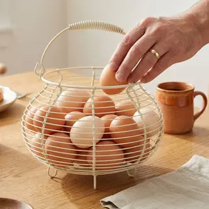 Rustic Metal Egg Basket with Handle, Vintage Style Fresh Egg Collector, Kitchen Counter Storage Container, Cream, Home & Farm Use