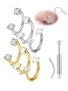 Stainless Steel Horseshoe Nose Ring, Cubic Zirconia U-shaped Septum Ring, Opal Hoop Nose Ring, 18G Cartilage Earrings, Unisex Piercing Jewelry, Durable and Hypoallergenic, Suitable for Women, with Tools, Nose Piercing Kit