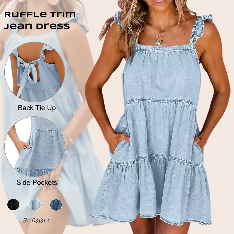 Imily Bela Womens Summer Denim Dress Square Neck Ruffle Trim Sleeveless Babydoll Dress Flowy Jean Dress with Pockets