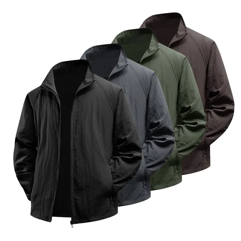 Men's Minimalist Polyamide Nylon Lightweight Jacket - Solid-Color Stand-Collar Windbreaker, Zippered Pockets, Elastic Cuffs, Elevated Style Zip-Front Coat for Business Casual Commuting, Elevated Style Men's Lightweight Jackets