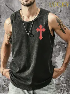 Men's Sleeveless Menswear Tank Top, Dark Christian Redemption-Themed Vest with Cross, "GOD INSPIRES" Print, Bloodstained Long Sword Piercing Red Rose, Conveys "Pain Brings Redemption" Message (Casual Wear), Cross Top Vests, Religious-Themed Graphic Vests