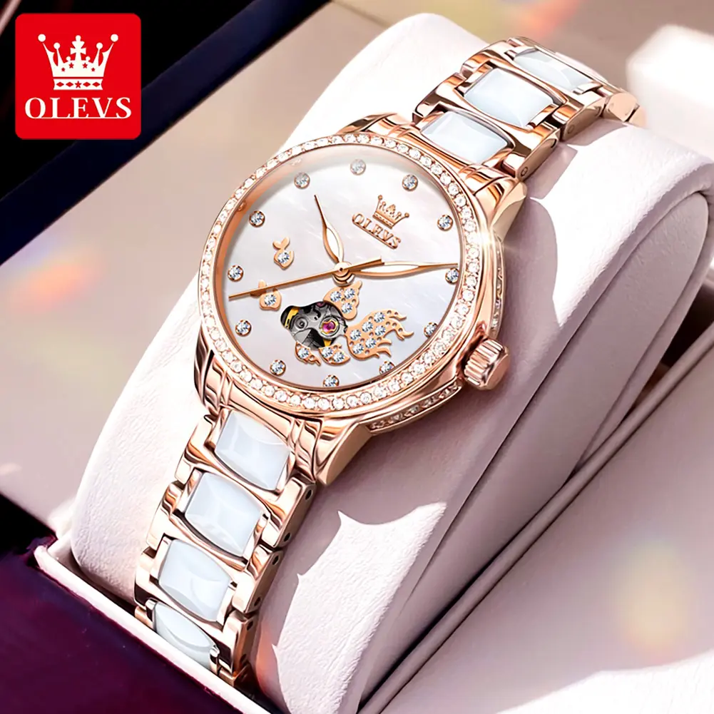 OLEVS Women's Elegant 31mm Analog Round Steel&Ceramic Automatic Mechanical Watch, Romantic Koi Relief Dial, Luminous Display, 30M - 50M Waterproof, 12 Months Warranty, Buckle, Female Watches, Automatic Mech., Mineral Glass
