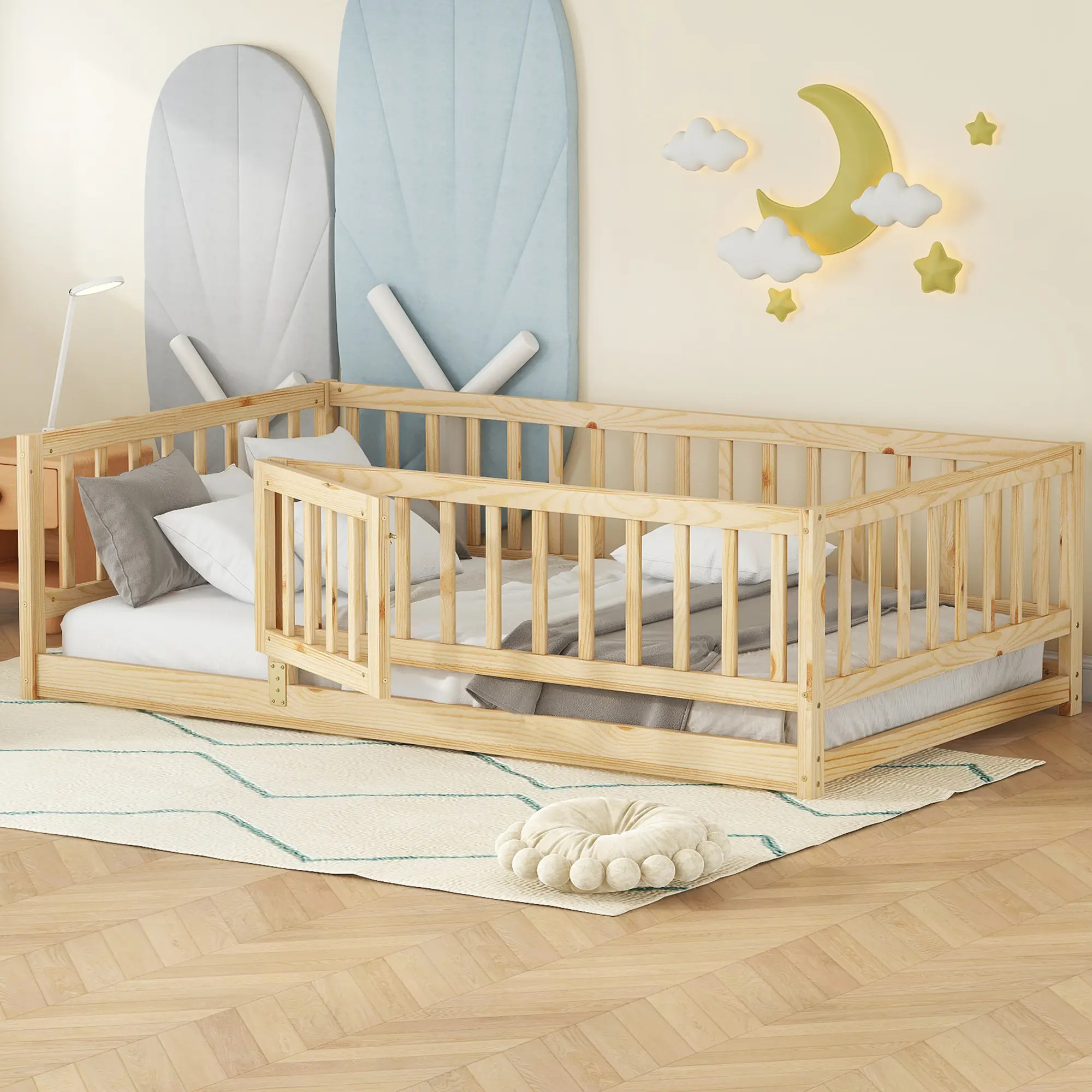 XUAN Solid Wood Twin Montessori Floor Bed - Smart Multifunctional Bed with Low Platform, Fence Door, and Built-in Slat Support, Smart Multifunctional Beds