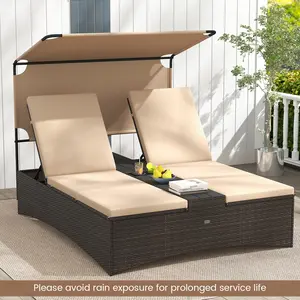 COSTWAY - Outdoor Daybed with Adjustable Backrests 2-Person PE Rattan Patio Bed-Brown