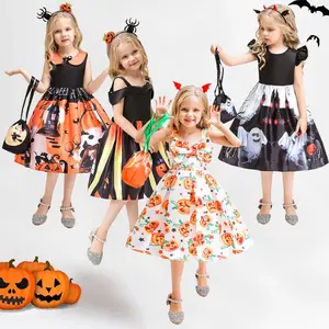 Print Kids Clothes Black Halloween Dress with Bag Children Cosplay Costume Fancy Carnival Pumpkin Witch Vampire Party Holiday Princess Frock  2-10Y Bow