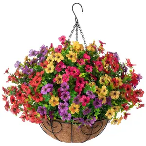 Artificial Hanging Plant Flower Basket, Faux Flower Basket with Hanging Basket, Artificial Hanging Baskets, Outdoor Decoration for Porch Home Courtyard Balcony Yard