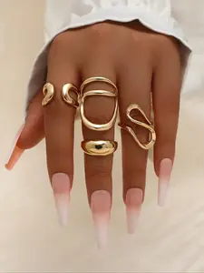 4Pcs /Set Fashion Bohemian Geometric Hollow Asymmetrical Abstract Design Adjustable Gold Stackable Rings Set For Women Jewelry Accessories, Suitable For Daily Wear, Gift For Friends, Family, Couples, Birthday And Holiday