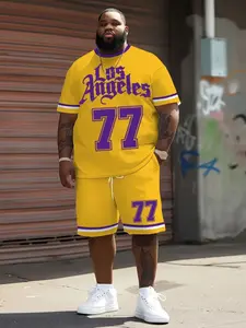 Men's Plus Size Basketball Style Print T-Shirt and Shorts Set, Polyester Material, Summer Sports, Activewear Clothing, Party, Travel, Gift, Jersey Top