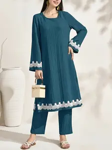 Middle Eastern Long Tunic Dress with Lace Trim, Loose Long Sleeve and Pants Set, Stylish and Casual 2-Piece for Women
