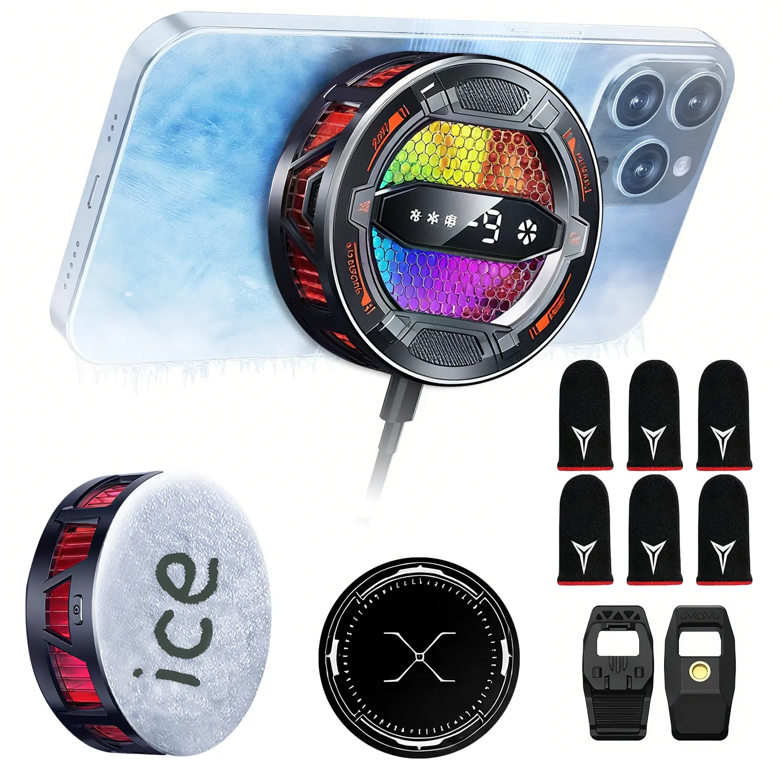 Mobile Gaming Cooling Combo - USB Magnetic Phone Cooling Fan, RGB Light Smartphone Cooler, 6-Pack Gaming Finger Sleeves for iPhone, Android, Tablet