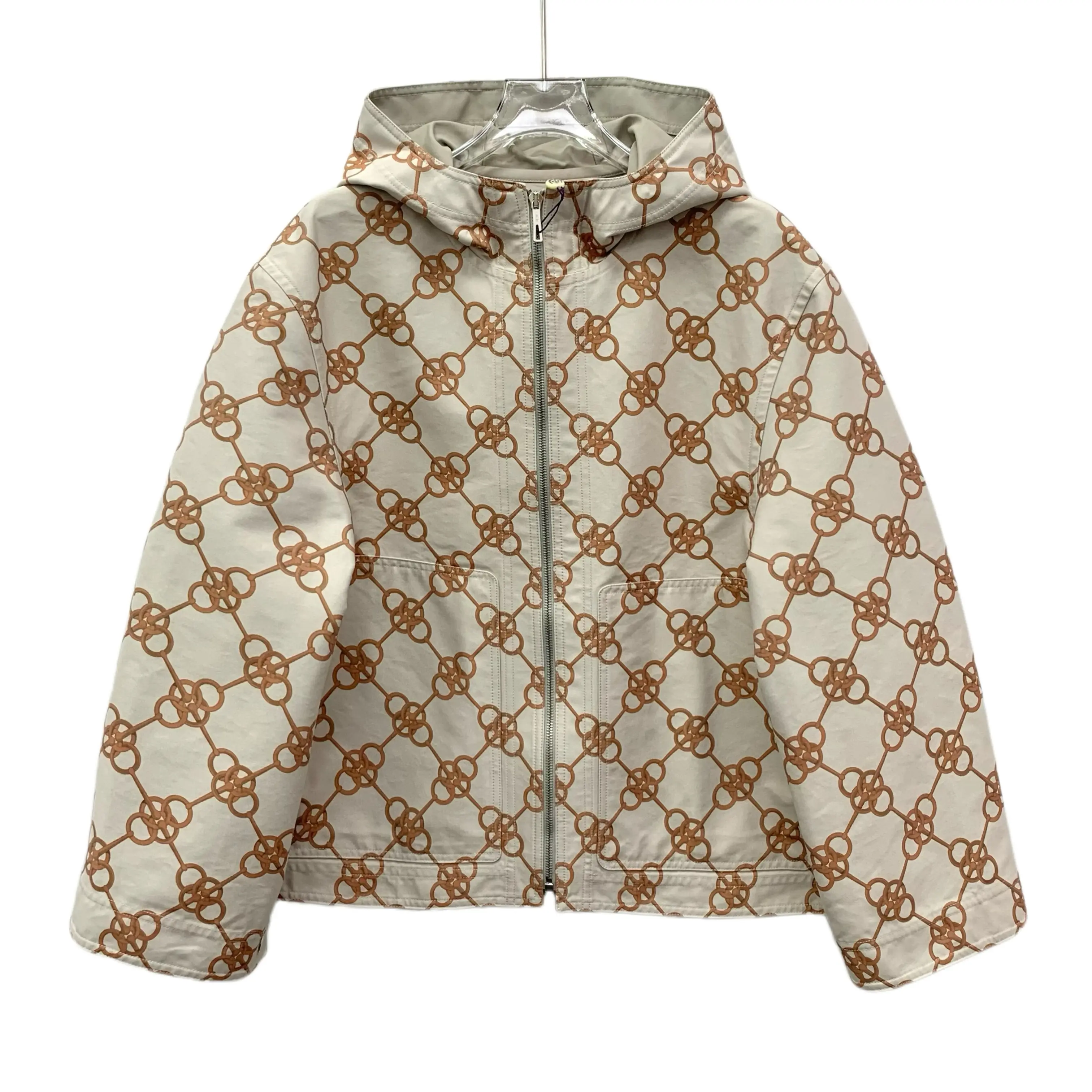 RDLTS- Hermès Beige Lock Chain Print Cotton Hooded Jacket Size 36