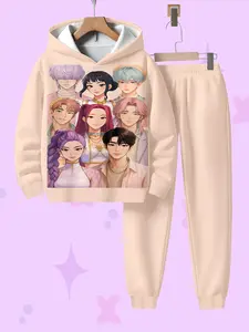 Girls' Spring & Fall Casual Fitted Hoodie Set, Cartoon Pattern 3D Printed Design, Perfect Gift for Girls, Fashionable Trendy