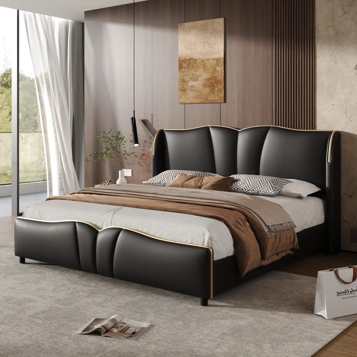 [Bellemave]Queen/King Size Leather Upholstered Bed Frame, Modern Bed Frame with Wingback Head board, Upholstered Platform Bed with Wavy Footboard, No Spring Box Needed, Black