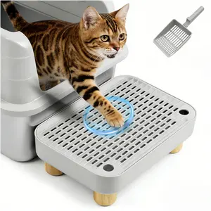 Litter Box Step, Litter Box Ramp/Catcher with Wooden Base, Anti-Tracking & Easy to Clean, Ideal for Small & Elderly Cats (Grey)