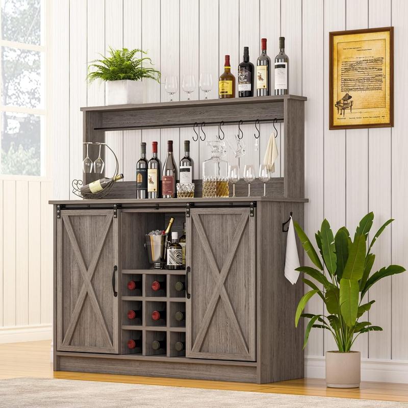 HOMBCK Farmhouse Coffee Bar Cabinet, 47'' Kitchen Bar Cabinet with Sliding Barn Door, Wooden Buffet /Wine Bar Cabinet Organizerwith Open Storage Shelf