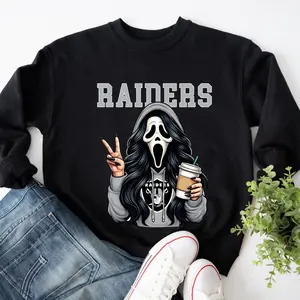 Raiders Coffee Lover Sweatshirt – Cute Spooky Mask Graphic Pullover, Cozy Scary Season Streetwear for Women, Fun Halloween Outfit, Trending Halloween Cotton Womenswear