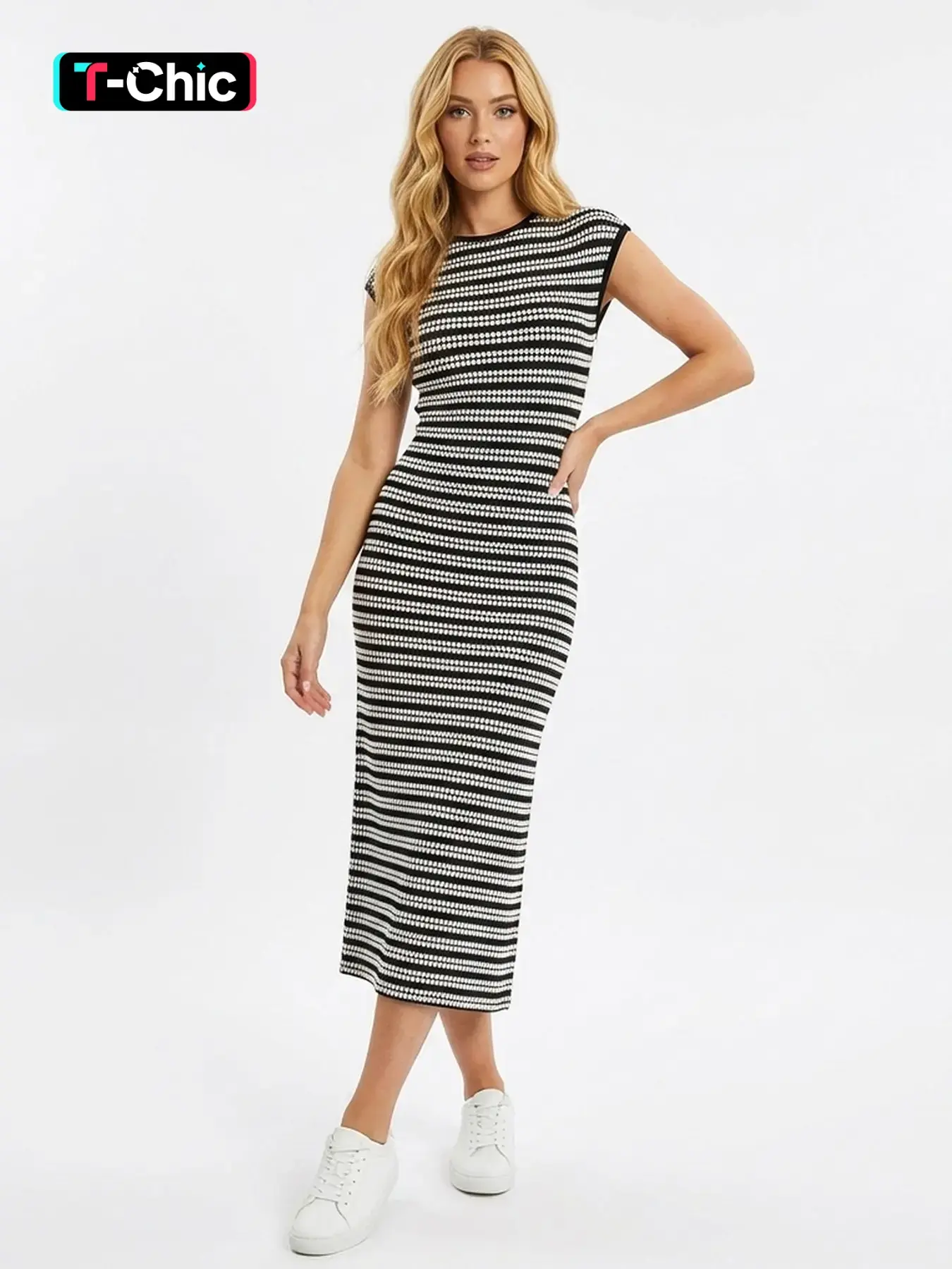 Women's Timeless Stripes Cap Sleeve Soft Slinky Dress, Breathable Women's Clothing for Daily Wear, Summer Flattering Dresses