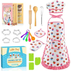 Birthday Gifts for 3-8 Year Old Girls Cute Kids Cooking Set with Apron Chef Hat Toddler Toys Easter Christmas Stocking Stuffers White with Cookbook
