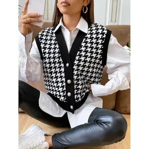Spring Houndstooth Print Vest Jacket Without Blouse In Fall/Winter Fabric Fit