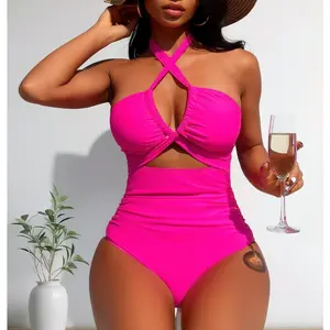 Modest High-Waist One Piece with Daring Backless Design – Elegant Halter Tie Swimsuit, Full Coverage Tummy Control Bathing Suit in Classic Solids
