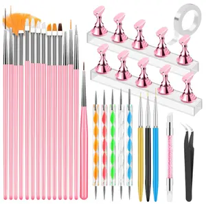 Nail Art Tools Set, Nail Stand for Press on Holder for Painting Nails, Nail Art Brushes, Liner Brushes, Nail Dotting Tool, Must Haves Design Tools Supplies Kit for Nail Tech & Beginners (Pink)