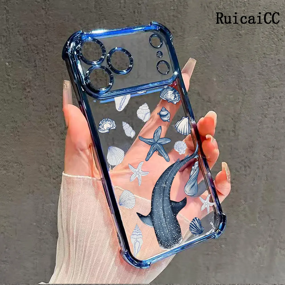 Compatible Phone Case iPhone 17 Pro Max 16 15 Plus Air 14 13 12 11 Ocean-themed whale shark shells Pattern Transparent Full Coverage Four Corners Anti-drop Casing