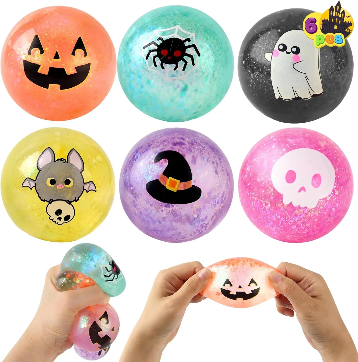 JOYIN 6 PCS Halloween Glitter Stress Balls, Slow Rising Squishy Toys, Anxiety Relief Squeeze Balls, Sensory Toy for Kids Teens, Party Favors, Trick or Treating, Classroom Prize, Birthday Gifts