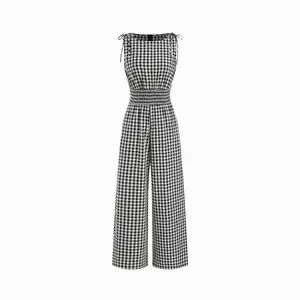 Cider Cotton Gingham Boat Neck Drawstring Wide Leg Jumpsuit SwimWeek