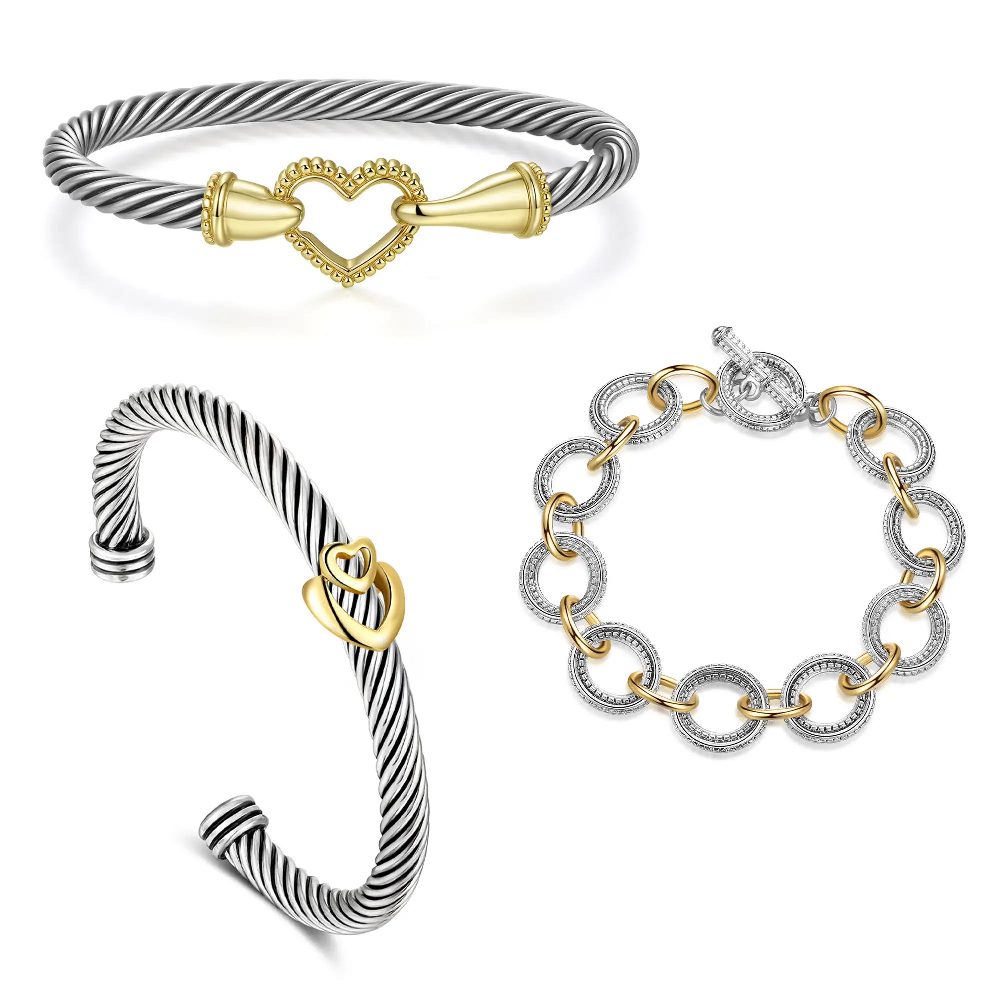 Mytys Cable Chain Link Bracelet Two Tone Circles Wire Bangle Designer Inspired Classic Jewelry Gift Stainless Steel Wrist Adjustable Cuff For Women