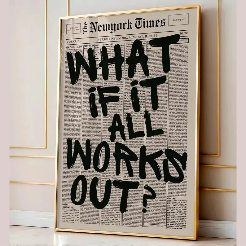 Retro "What If It All Works Out" Newspaper Print Typography Quote Poster - Artistic, Modern Cool Polka Dot Design, 12x18in(30x45cm)/24x36in(60x90cm) Motivational Digital Wall Picture Decor for Wardrobe, Room Decorations, Home Supplies