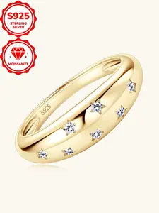 S925 Sterling Silver 7-Star Moissanite Band Ring, Gold Plated Dome Stackable Promise Ring, Hypoallergenic Comfort Fit Wedding Band for Women