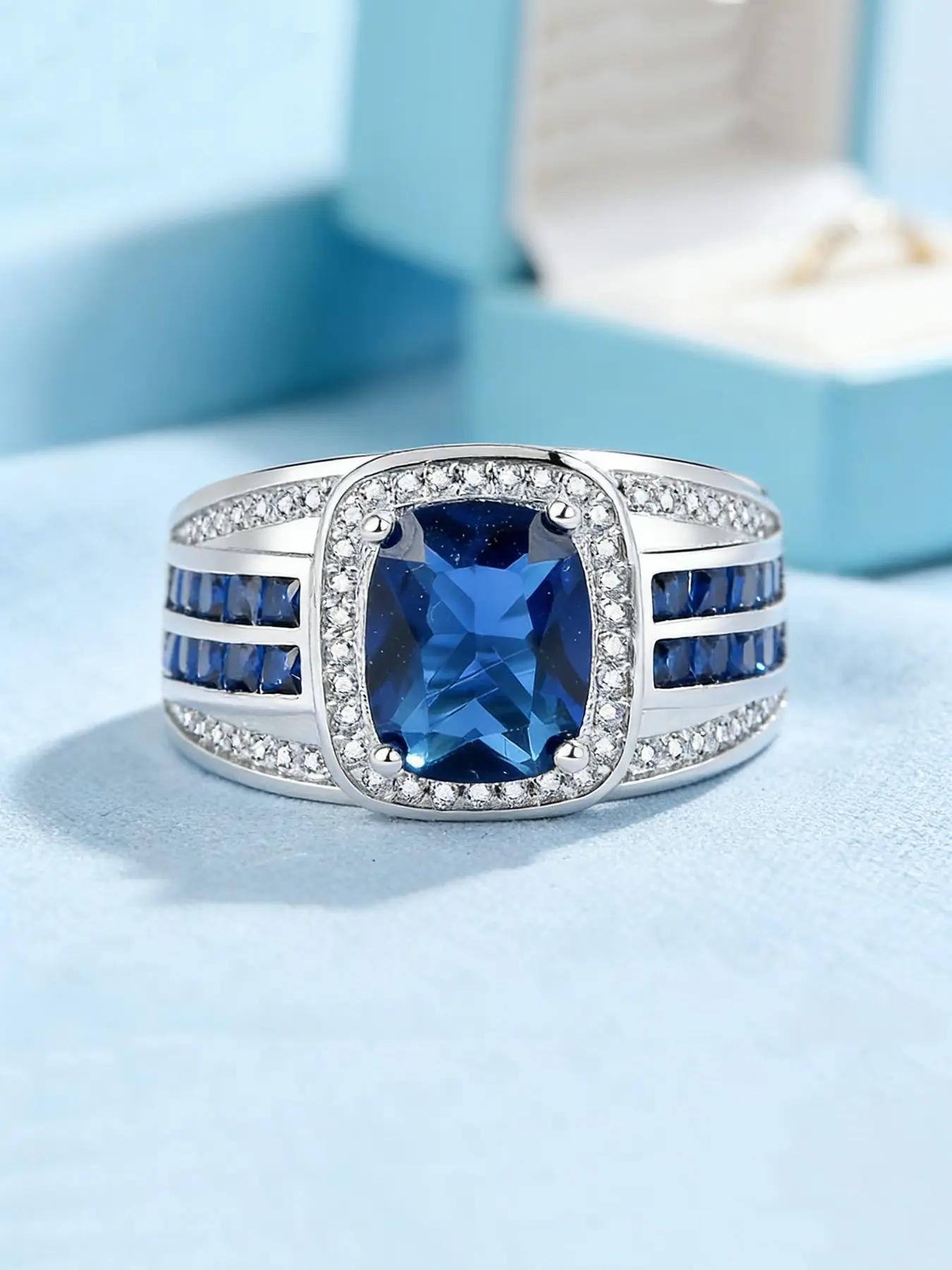 Men's Full Diamond Sparkle Ring, Blue Topaz Simulated Sapphire, Hip Hop Luxury Jewelry, Hot Selling Style, Includes Gift Box, Statement Rings