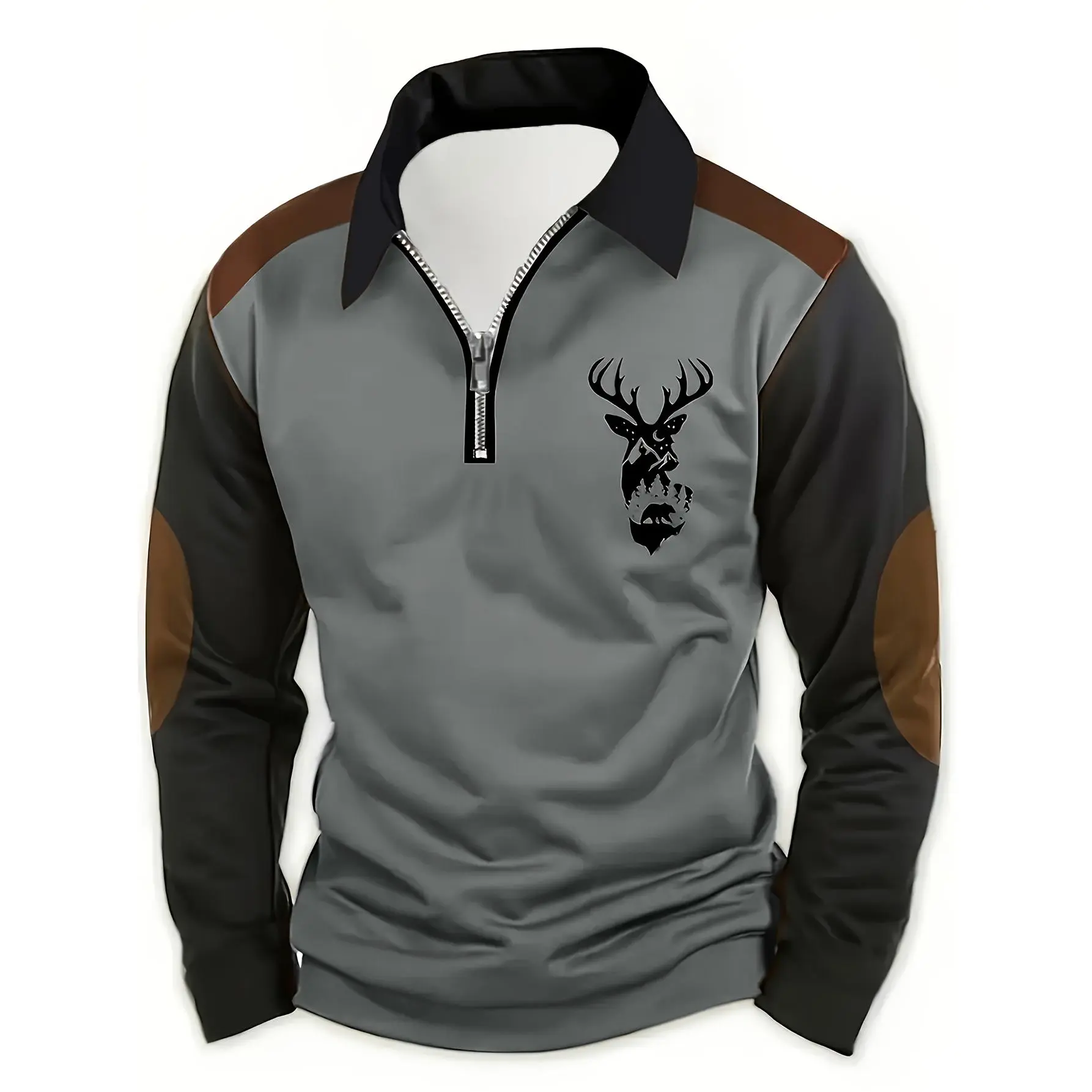 Men's casual deer head print double contrasting color long sleeved zipper polo shirt with half zipper collar outdoor shirt, machine washable dual color polyester fiber, very suitable for leisure activities in spring, autumn and winter festivals, gifts for