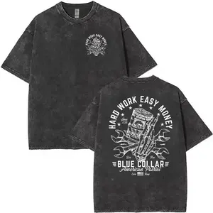 Hard Work Easy Money Blue Collar T-Shirt, Vintage Washed Mechanic Graphic Tee, American Patriot Workwear Front Back Print Unisex Top