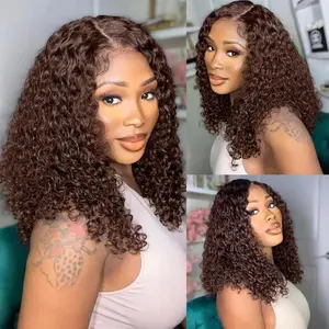 Curl Bob Human Hair Lace Front Wig Chocolate Brown 13X4 Kinky Curly Lace Frontal Wigs HD Transparent Lace Wig Pre Plucked Natural Hairline For Woman