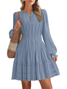 BTFBM Mini Dresses for Women  Casual Lightweight Long Sleeve V Neck A Line Elastic Waist Party Holiday Dress