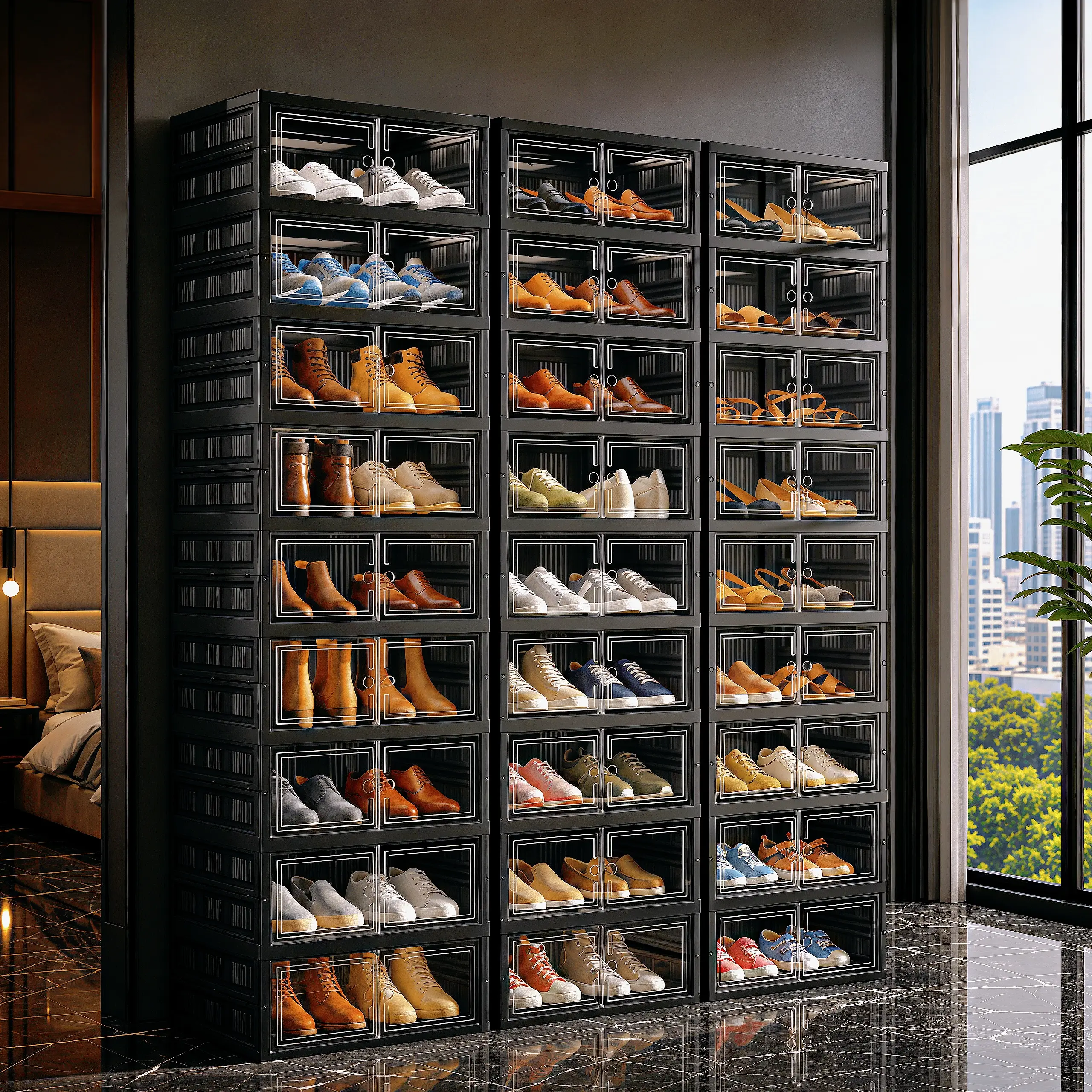 GOLDSNAKE Large Capacity Foldable Shoe Rack, Tool-Free Stackable Shoe Storage Cabinet With ClearVisible Double Doors, Integrated Transparent Shoe Organizer Box, Space Saving ShoeContainer For Sneakers, Ankle Boots, Sandals & High Heels