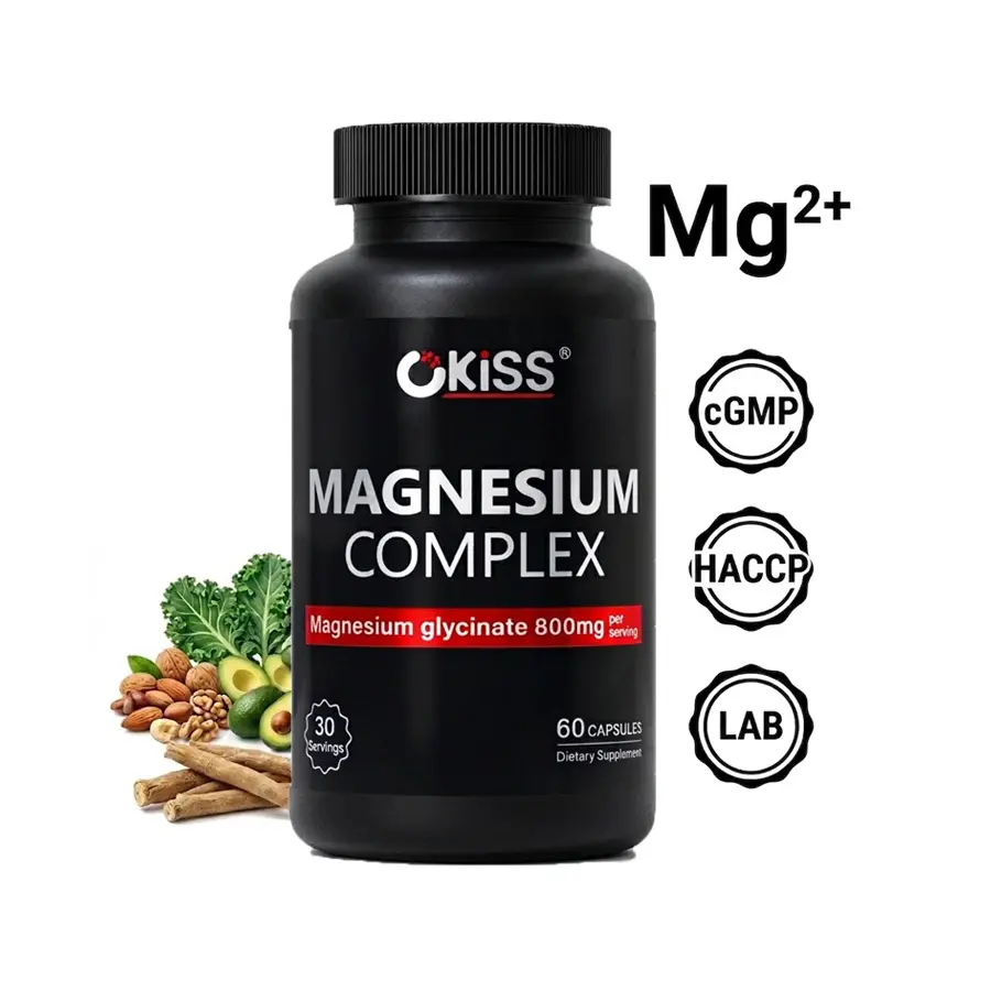 Okiss Magnesium Complex 800mg | 5-in-1 Formula with Ashwagandha, L-Theanine, Chamomile, and Vitamin B6 | Vegan Capsules for Daily Wellness and Relaxation Support  suplemento de magnesio